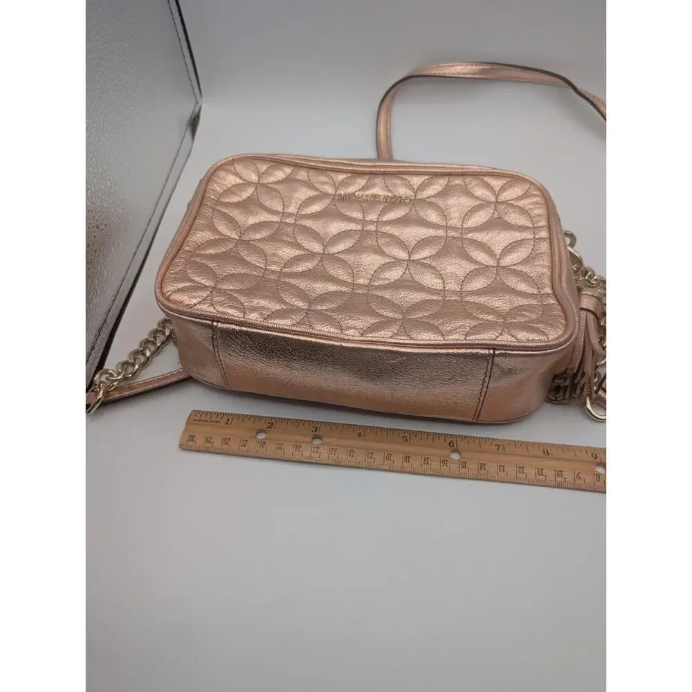 Michael Kors Rose Gold Quilted Metallic Leather Crossbody Bag Purse Small